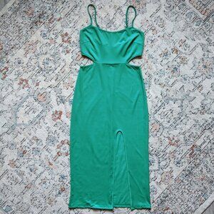 Green Midi Dress / Cutout Waist / Adjustable Spaghetti Strap / Size: S / Bodycon